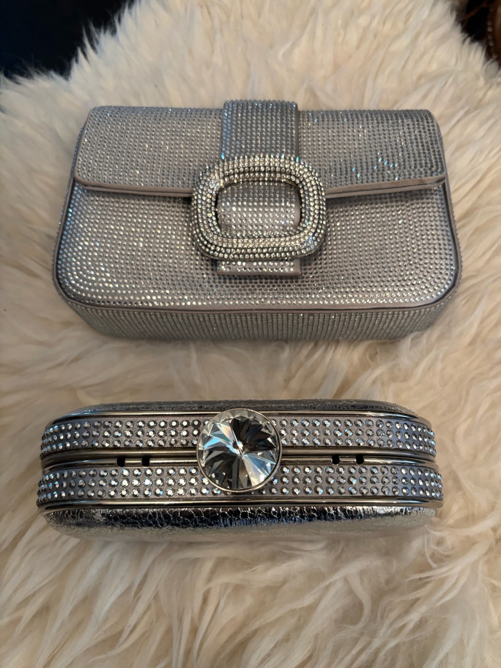 TWO Silver Crystal-Embellished Evening Clutches